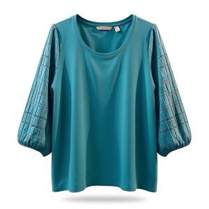 Isaac Mizrahi Turquoise Blouse with Patterned Sleeves